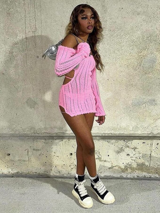 Sexy Off Shoulder Fuzzy Y2K Mini Dress for Women Strappy Backless Long Sleeve Party Club Birthday Dresses Date Night – Bild 5