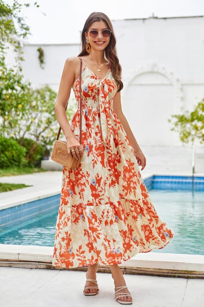 GRACE KARIN Women's 2025 Summer Maxi Dress Floral Tie Front Spaghetti Strap Casual Boho Beach Flowy Sundress with Pockets – Bild 3