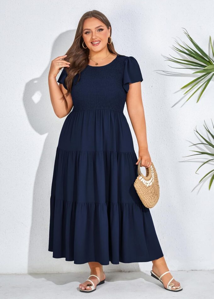 KIMCURVY Women's Plus Size Summer Casual Dress Crew Neck Flutter Short Sleeve Smocked Tiered Maxi Dress with Pockets – Bild 3