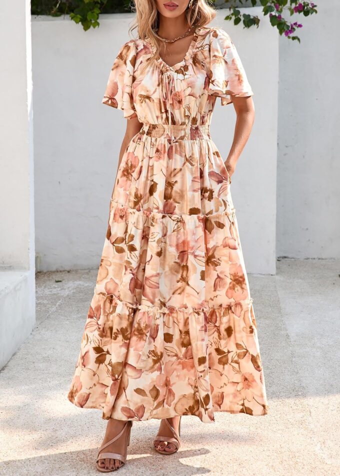 KIRUNDO Womens Summer Boho Floral Maxi Dress Flutter Short Sleeve V Neck Ruffle Tiered Flowy Beach Wedding Guest Dresses – Bild 3