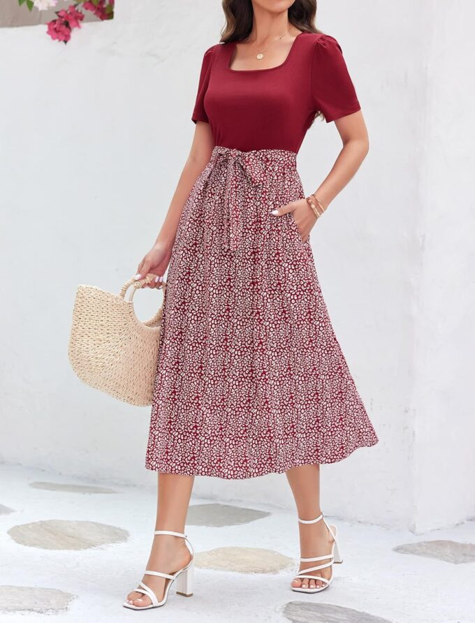 Miladusa Women 2025 Summer Dress Square Neck Short Sleeve Midi Dresses Outfits with Pockets – Bild 2