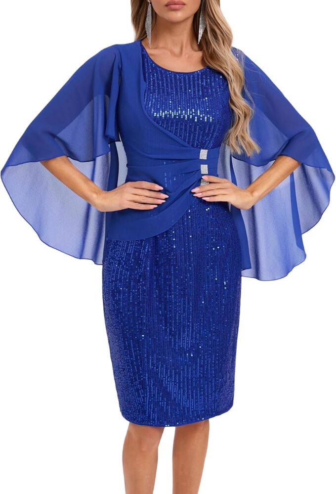 Womens Sequin Cocktail Party Dress Elegance Chiffon Midi Dresses Cape Sleeve Bodycon Dress with Ruffle Asymmetrical Over – Bild 6