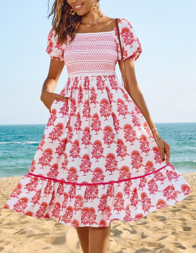 Kate Kasin Women's Summer Floral Boho Dresses Casual Square Neck Smocked Flowy Tiered Beach Midi Dress with Pockets – Bild 2