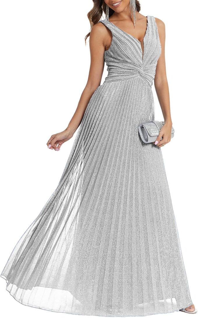 Women's V Neck High Waist Pleated Evening Dress Sleeveless A-Line Gown with Waist Tie – Bild 5