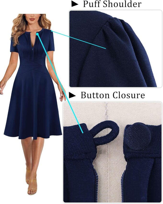 VFSHOW Damen Sommerkleid, Arbeit, Business, plissiert, Rundhalsausschnitt, Reißverschluss vorne, Knopfleiste, Büro, schmale A-Linie, Passform und ausgestelltes Kleid – Bild 6