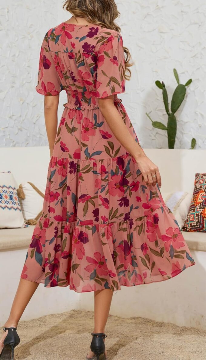 Kormei Women's V Neck Short Sleeve Boho Smocked Long Flowy Summer Dress Wedding Guest Engagement Dresses – Bild 5