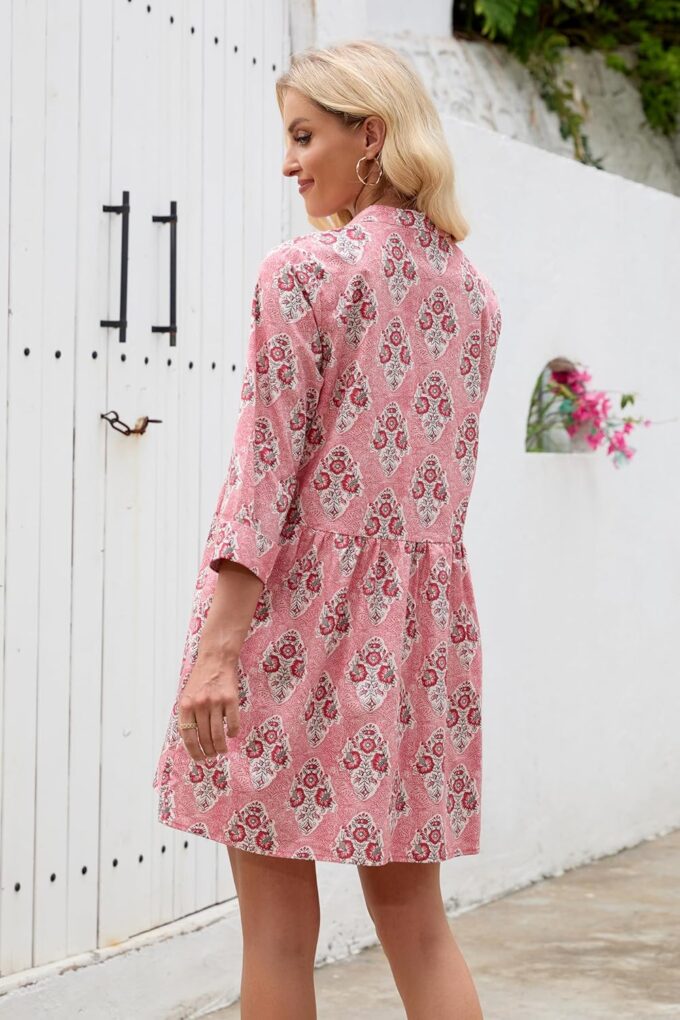 Floral Dress for Women 3/4 Sleeve Button Up Shift Boho Mini Tunic Cotton Shirt Dresses with Pockets – Bild 2