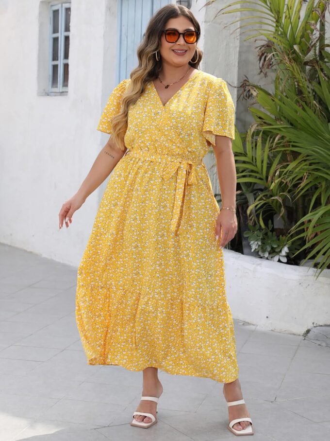 Womens Plus Size Summer Dresses Short Sleeve Wrap V Neck Floral Formal Maxi Wedding Guest Long Dress with Belt XL-5XL – Bild 2