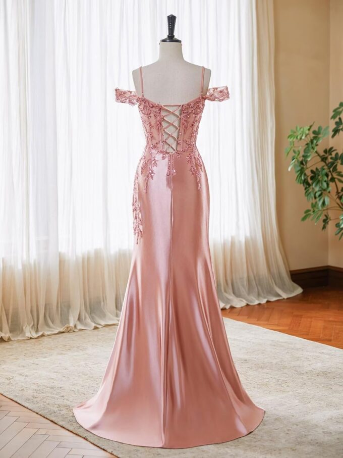 Mermaid Satin Prom Dresses 2025 Lace Applique Off Shoulder Formal Evening Gown with Slit – Bild 2