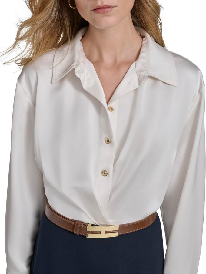 Halston Damen Long Sleeve Shirt Collared V-Neck Midi Dress Kleid – Bild 5