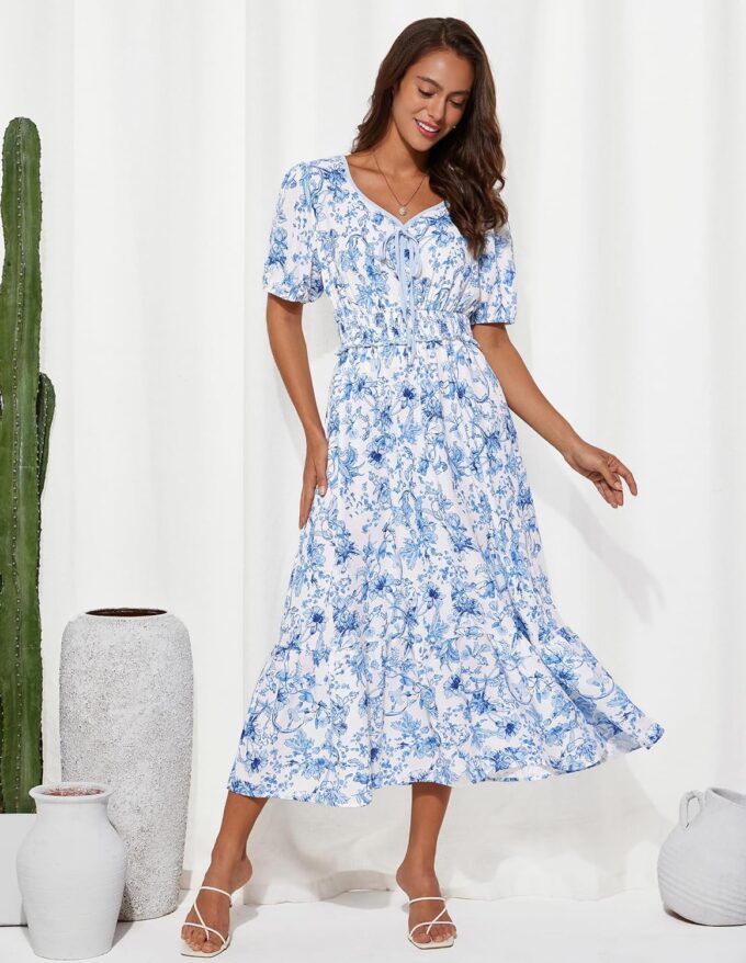 GRACE KARIN 2025 Women's Summer Floral Flowy A Line Midi Dresses Elegant Short Sleeve Smocked V-Neck Tiered Dresses – Bild 2