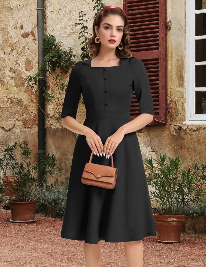 Bbonlinedress Vintage Cocktail Dress Women Formal Wedding Guest Church Modest Square Neck Tea Dress with 3/4 Sleeve – Bild 3