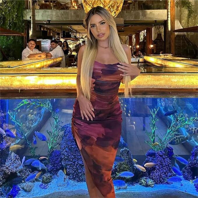 Women's Spaghetti Strap Mesh Dress Backless Ruched Tie Dye Asymmetrical Split Hem Cocktail Evening Party Midi Dress – Bild 3