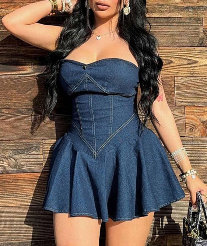 xxxiticat Women's Denim Tube Dress Sleeveless Pleated Skirt Hem Strapless A-Line Flared Off Shoulder Mini Jeans Dresses – Bild 3