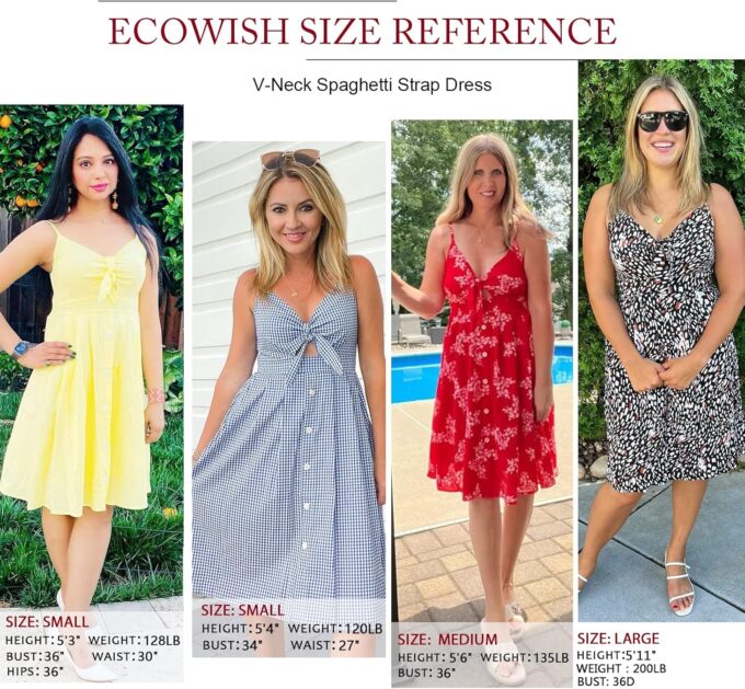 ECOWISH Women 2025 Summer Dresses Tie Front V-Neck Spaghetti Strap Button Down A-Line Backless Swing Midi Dress – Bild 3