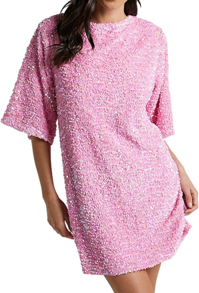 Women's Sparkly Sequin Shirt Mini Dress Party Club Dress Half Sleeve Crewneck Tie Backless Velvet Glitter Dresses