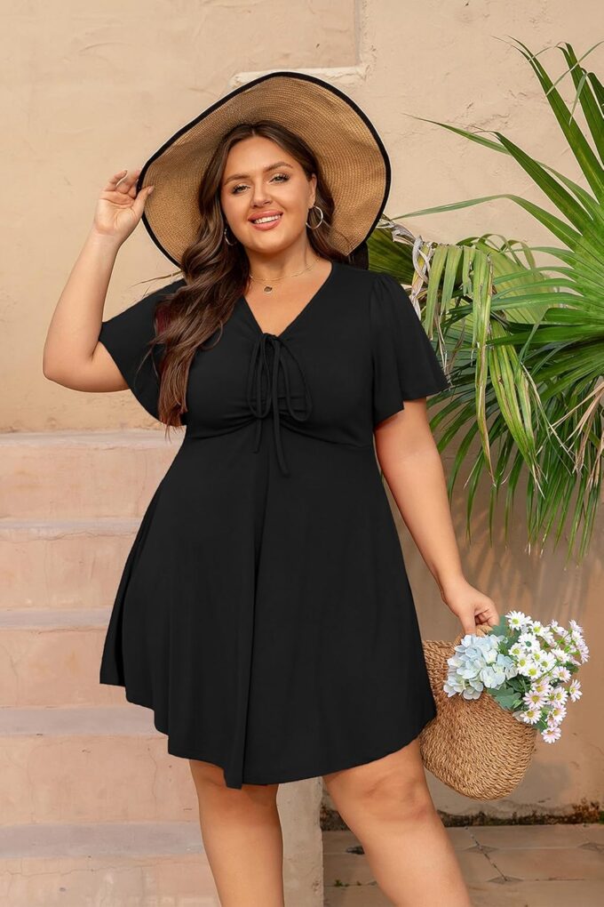 Women's Plus Size Dresses Casual Flowy Dress with Pocket Short Ruffle Sleeve V Neck Drawstring Bow Summer – Bild 6