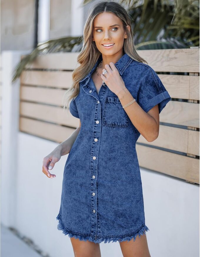 luvamia Denim Dress for Women Button Down Short Sleeves Casual Summer Jean Shirt Dresses with Pockets Frayed Hem – Bild 3