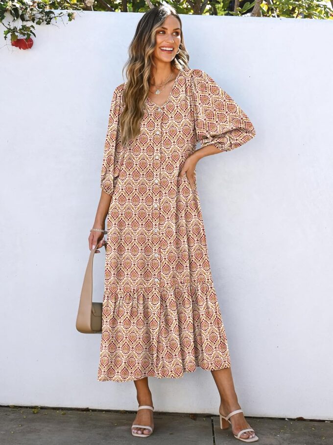 ANRABESS Boho Maxi Dresses for Women Summer Puff Sleeve V Neck Flowy Long Casual Dress with Pockets 2025 Vacation Outfits – Bild 2