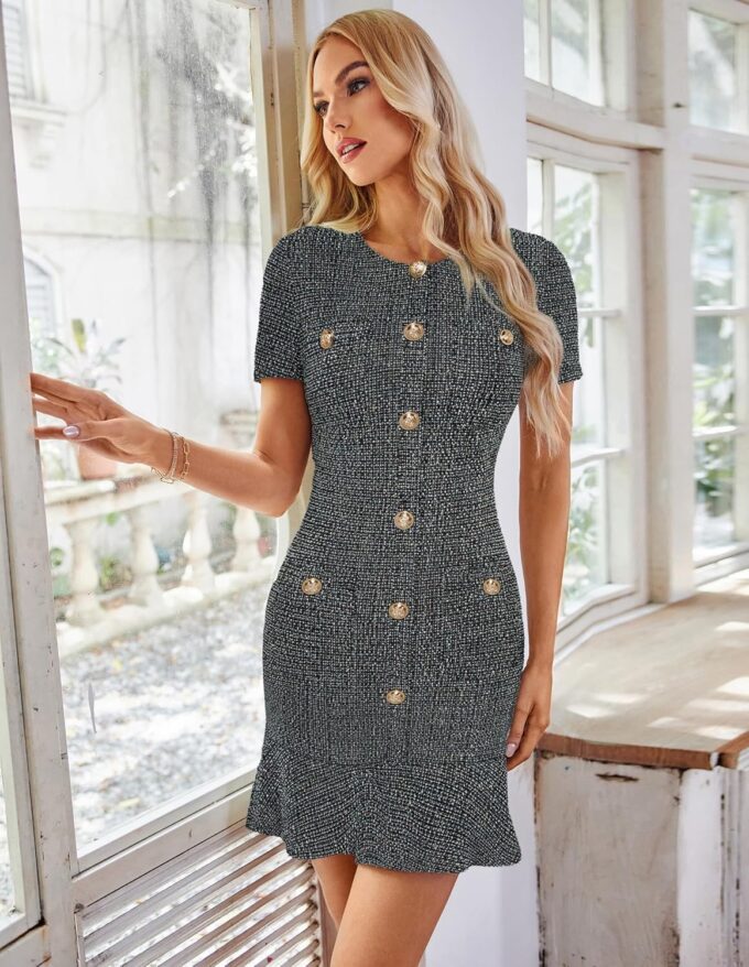 GRACE KARIN Womens Tweed Dress 2025 Summer Short Sleeve Button Bodycon Elegant Work Mini Dress Casual Dresses with Pocket – Bild 2