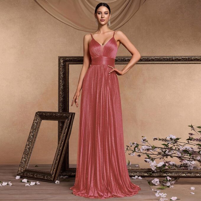 Sexy Backless Maxi Formal Dress for Women with Sequin, Sleeveless Pleated Evening Gowns for Wedding and Cocktail – Bild 2