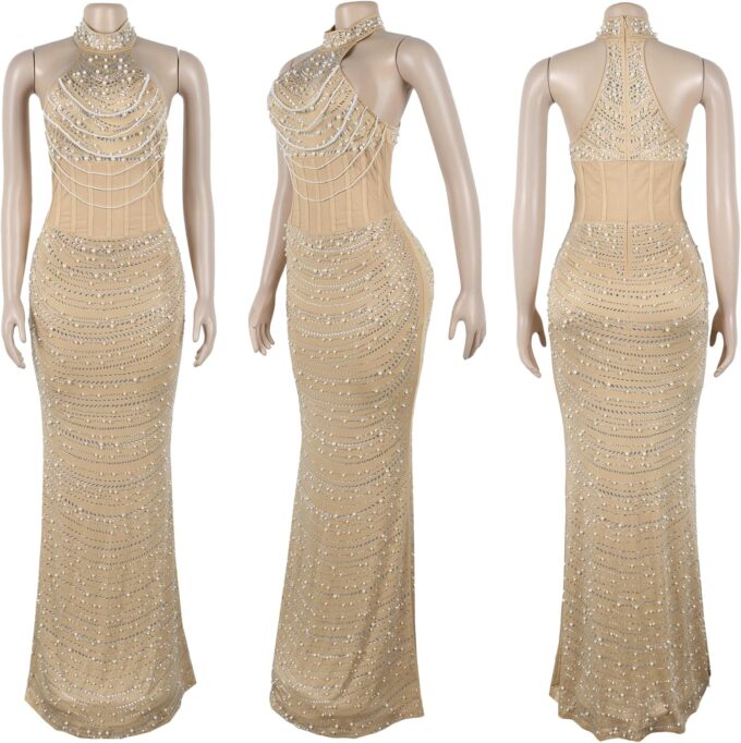 PORRCEY Women Sexy Elegant Rhinestone Mesh See Through Evening Dresses Party Club Night Clubwear – Bild 5
