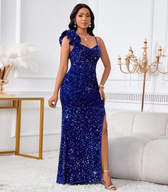 Cololura Women Sexy Elegant Sequin High Split Ruffled Hem Mermaid Party Cocktail Bodycon Formal Evening Gowns Maxi Dress – Bild 3