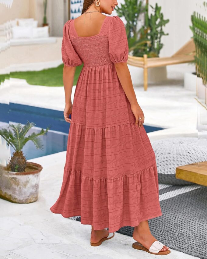 PRETTYGARDEN Women's Summer Dresses 2025 Puff Sleeve Square Neck High Waist Smocked A-Line Flowy Loose Fit Midi Dress – Bild 5