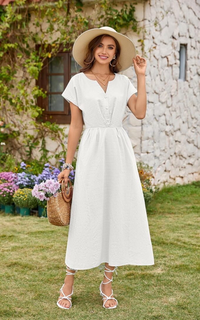ECOWISH Women Cotton Midi Dress: 2025 Button V Neck Casual Summer Dresses Short Sleeve A-Line Shirt Long Dress with Pockets – Bild 7