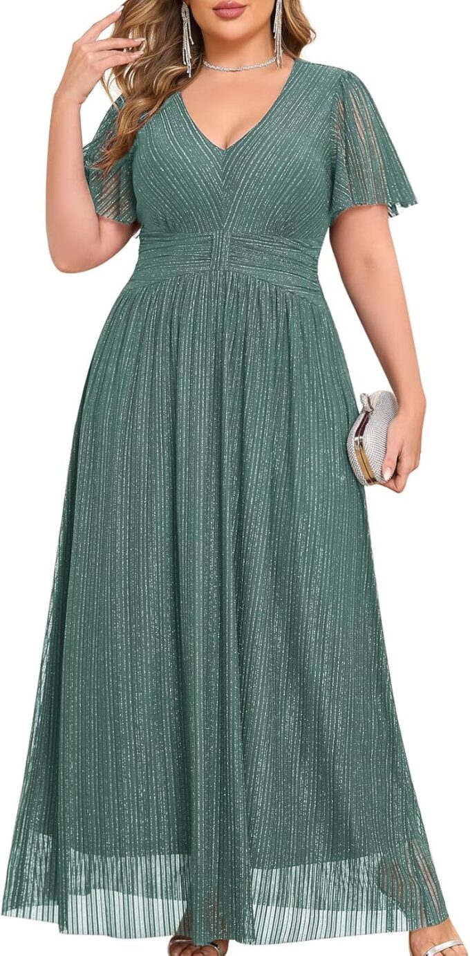 ZOMVA Plus Size Maxi Formal Dress Sparkly V-Neck A-line Ruffle Sleeves Evening Gown Cocktail Prom Glitter – Bild 2