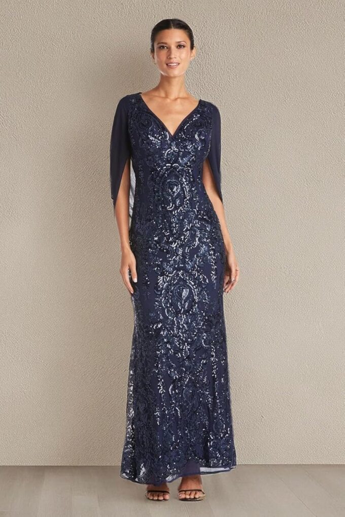 R&M Richards Elegant Beaded Long Gown W/Draped Sleeves & V-Neckline – Bild 7