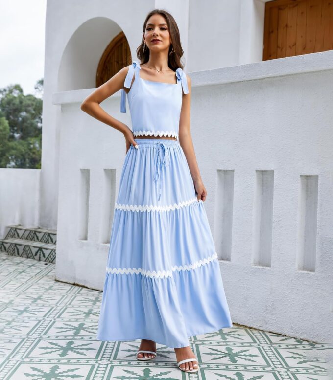 Womens Two Piece Skirt Set 2024 Summer Sets Tank Top Maxi Skirt Beach Vacation Outfits with Pockets – Bild 4