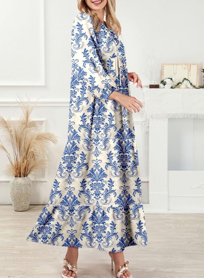 Dokotoo Women Boho Maxi Dresses 2025 V Neck Long Puff Sleeve Smocked Ruffle Flowy Casual Dress – Bild 4