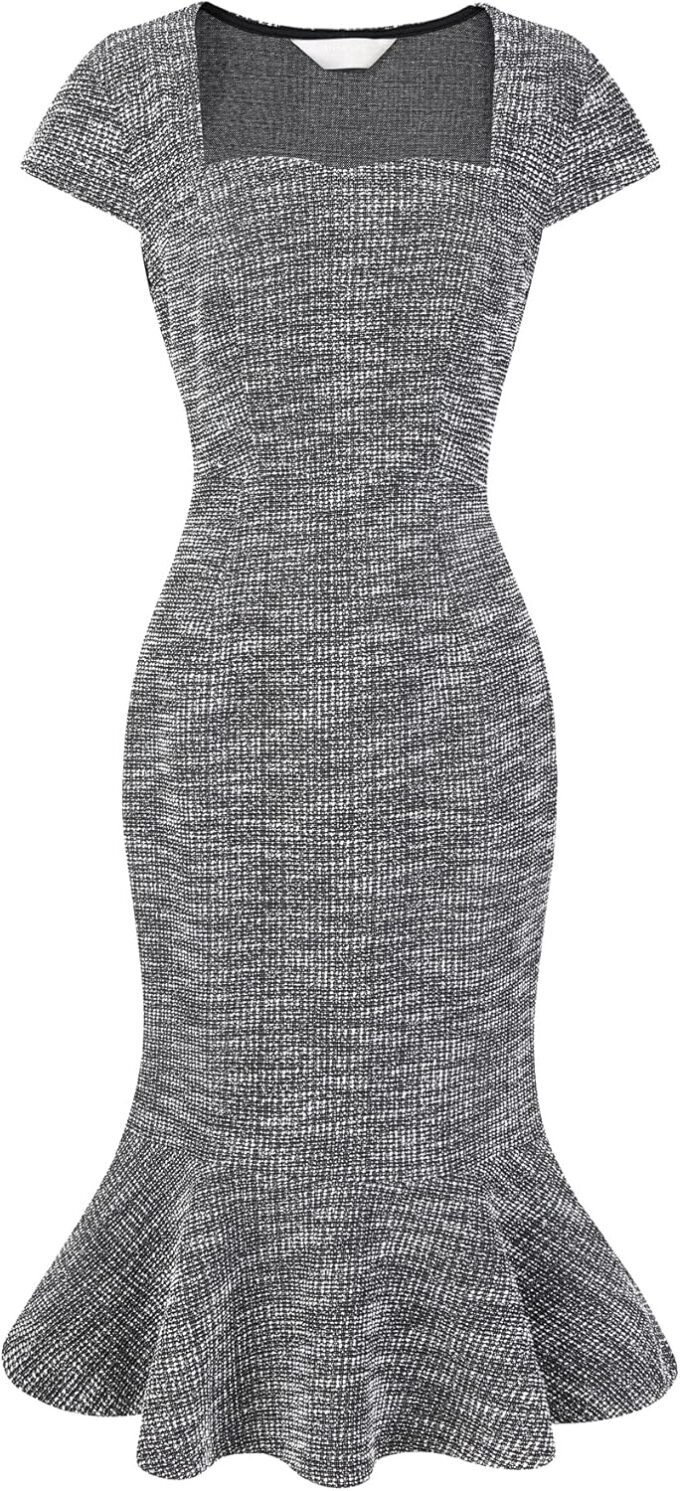 Hobemty Damenkleid aus Tweed, Fischschwanz, quadratischer Ausschnitt, Flügelärmel, formelle Arbeitskleider