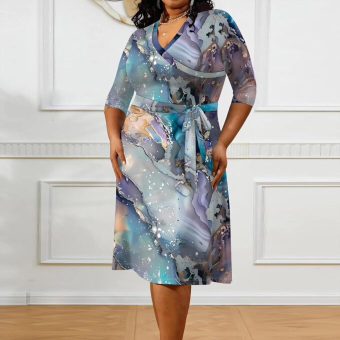 Women's Plus Size Maxi Dress Print 3/4 Sleeves V Neck Party Sundress Wedding Guest Dresses – Bild 3