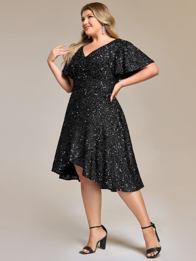 Ever-Pretty Plus Women's V Neck Short Sleeves A-line High Low Sequin Plus Size Formal Wedding Guest Dresses – Bild 4