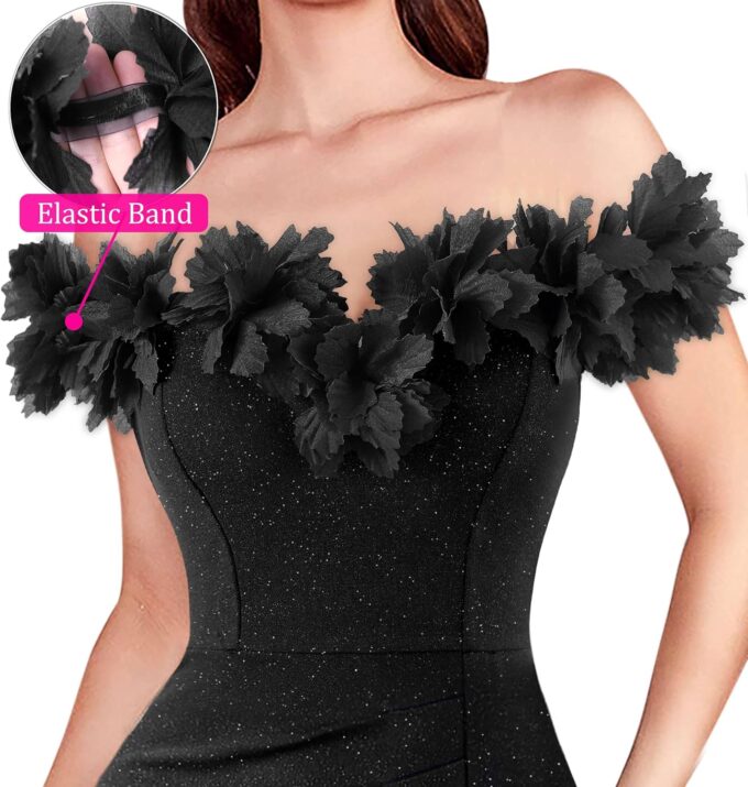 VFSHOW Womens Formal Prom Off Shoulder 3D Flowers Ruched Wedding Guest Maxi Dress 2024 Sexy High Slit Cocktail Evening Gown – Bild 3