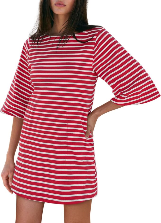 Yousify Women’s T Shirt Dress Cotton Summer Dresses 2025 Casual Loose Short Sleeve Striped Mini Dress with Pockets – Bild 2