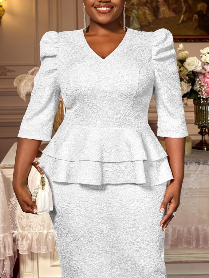 AOMEI Damen-Midikleid mit V-Ausschnitt, Schößchen, Jacquard-Midikleid, Arbeitskleidung für die Arbeit, 3/4-Puffärmel, Etuikleider für Damen, 2025, Büro – Bild 6