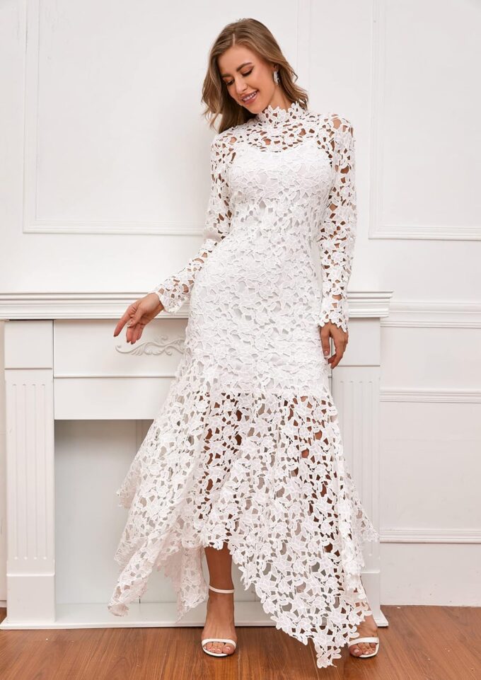 IWFEV Hollow Lace Maxi Dress - Floor-Length Lace-Up Asymmetrical Elegant Long Dress – Bild 7