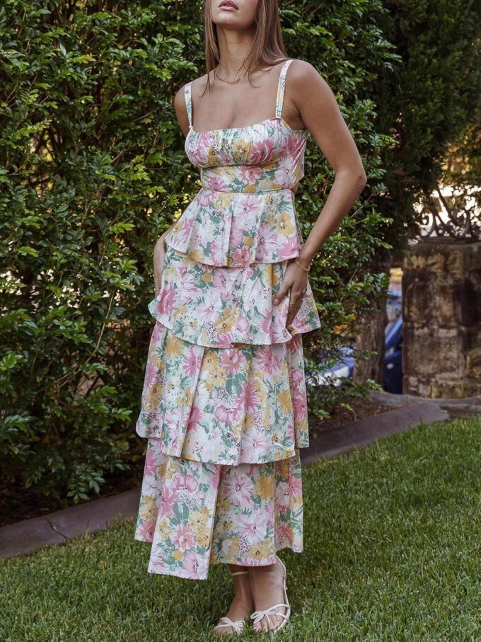 Women Y2k Boho Maxi Dress Y2k Floral Spaghetti Strap Long Dress Flowy Layered Sundress Going Out Beachwear – Bild 4