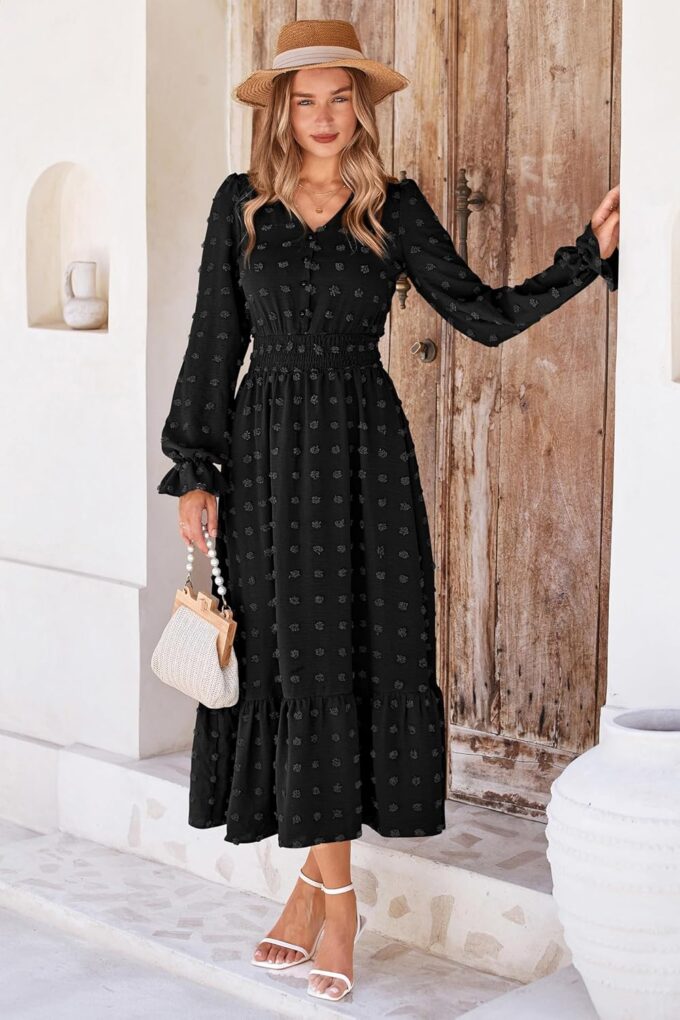MASCOMODA Women Maxi Dress 2025 Fall Long Sleeve V Neck Swiss Dot Boho Smocked High Waisted A-Line Tiered Flowy Long Dresses – Bild 2