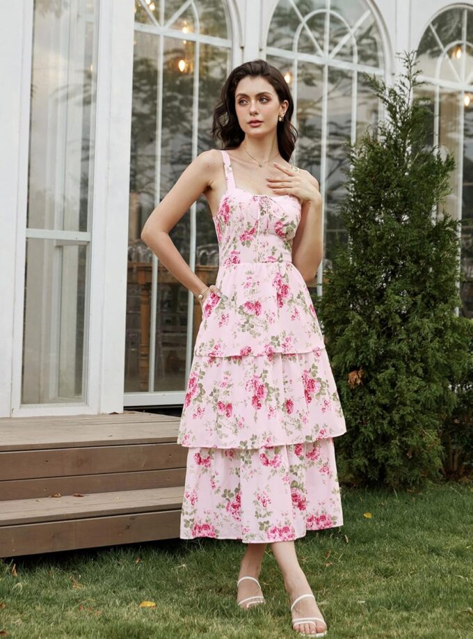 Scarlet Darkness Women's Floral Maxi Dress Summer Wedding Guest Dress Tiered Sleeveless Lace Up Corset Sundress – Bild 2