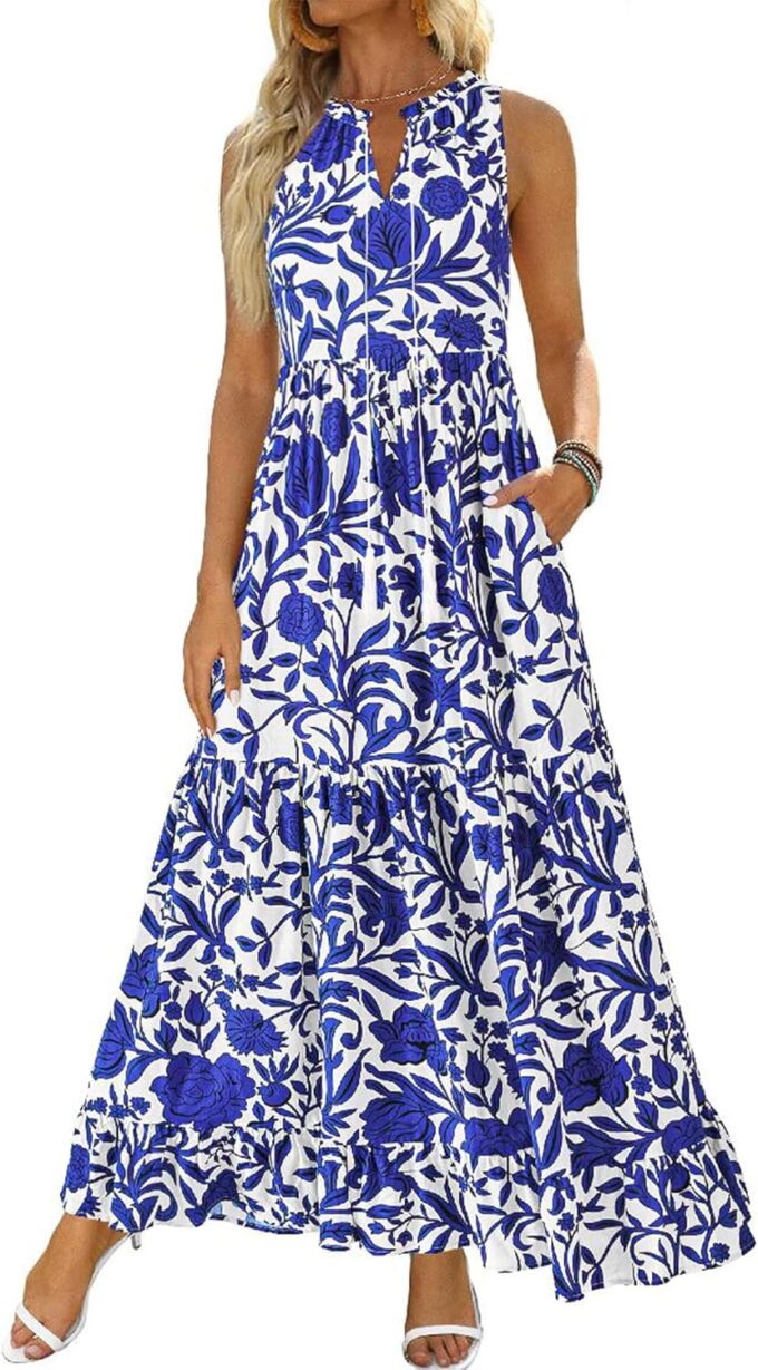 BTFBM Womens Summer Maxi Dresses 2025 Casual Sleeveless V Neck Loose Fit Floral Boho Dress Beach Long Sundress