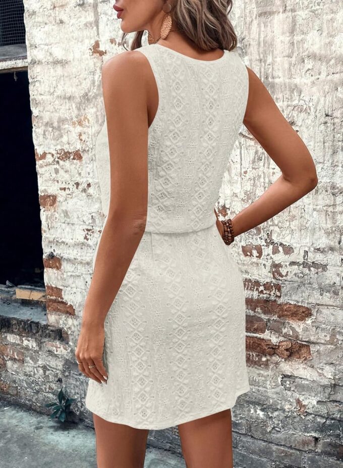 Acelitt Spring Summer Tank Dresses for Women 2025 Hollow Out Textured Drawstring Mini Dress – Bild 3