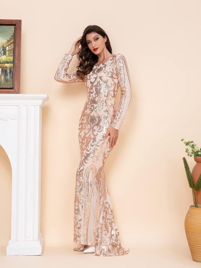 Women Evening Dress Sequin Long Sleeve Mermaid Crew Neck Cocktail Dress – Bild 2