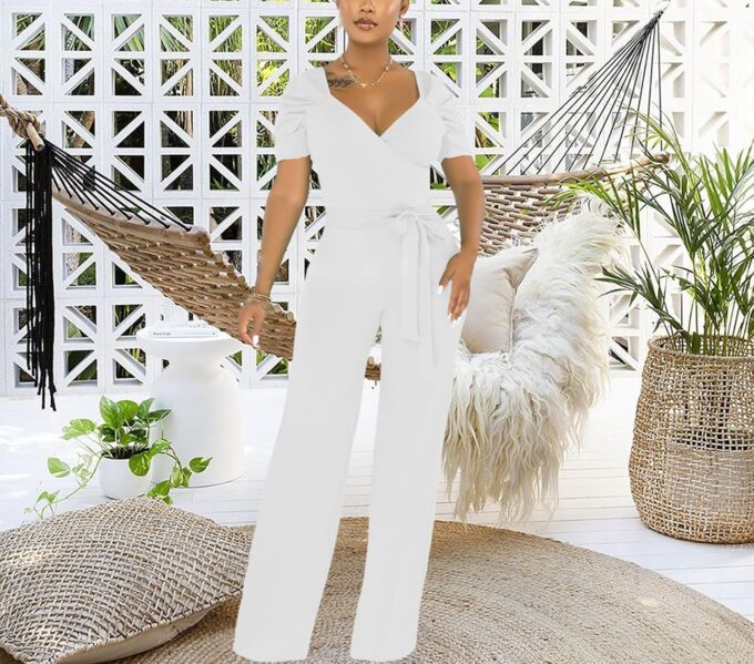 PaladMom Womens Elegant Plus Size Jumpsuits Sexy Back zipper Short Sleeve Mid Waist Wide Leg Straight Rompers – Bild 5