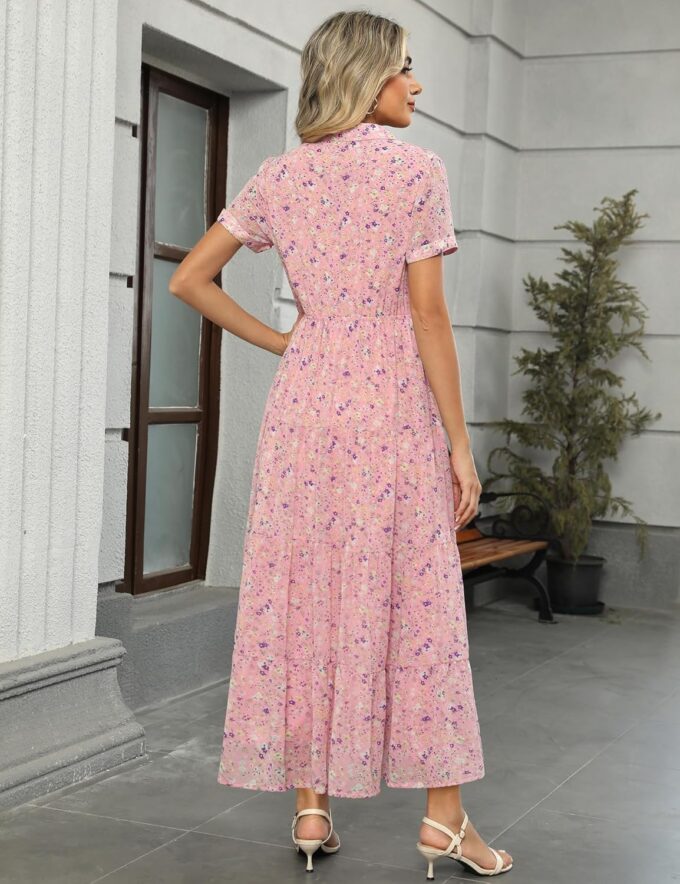 Kranda Women 2025 Summer Collared V Neck Short Sleeve Button Down Chiffon Long Tiered Floral Maxi Dress with Pockets – Bild 3