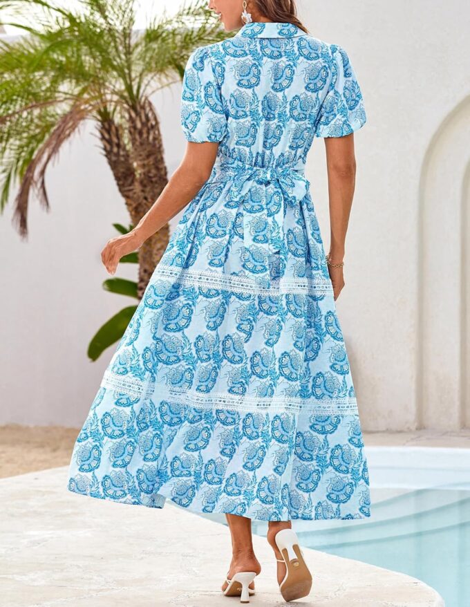 GRACE KARIN Women's 2025 Summer Floral Flowy Dresses Boho Tie Belt Short Puff Sleeve A Line Maxi Shirt Dress with Pocket – Bild 3