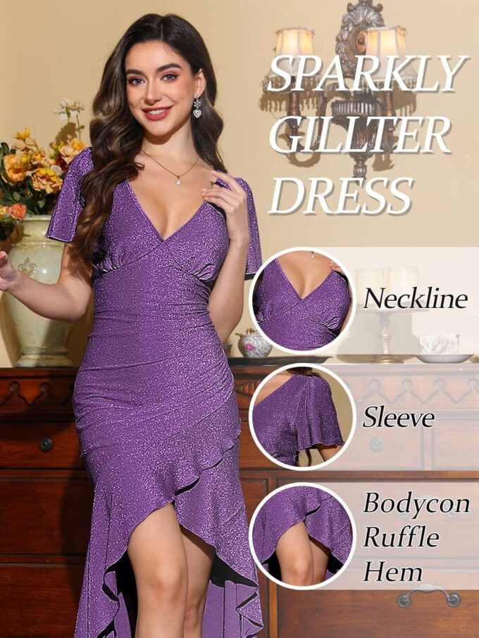 Women Formal Wedding Guest Sparkly Party Dress Ruffle Glitter Sequin Midi Evening Gown Prom Hi Low Cocktail Dresses – Bild 3